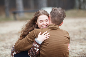 Fototapeta premium Love story of Beautiful happy couple on lake, spring forest.