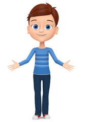 3d render illustration. Cheerful cheerful guy gesture greeting.