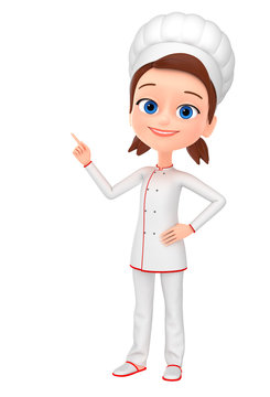 3d render illustration. Girl chef pointing a finger at an empty space, isolated on a white background.