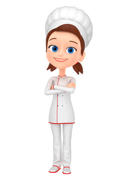 3d render illustration. Girl chef crossed her arms over her chest.