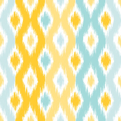 Seamless geometric pattern, based on ikat fabric style. Vector illustration. Carpet rug texture vector imitation. Yellow and turquoise mint ogee pattern. - obrazy, fototapety, plakaty