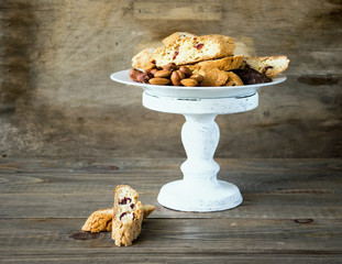 Traditional Italian cookies biscotti and crackers, cantuccini with nuts and dried berries served on...