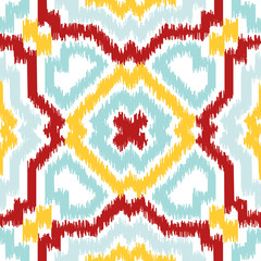 Seamless geometric pattern, based on ikat fabric style. Vector illustration. Carpet rug texture vector imitation. Colorful rug pattern in yellow, red, turquoise mint and white.