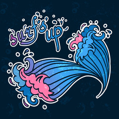Surfs Up lettering with cartoon waves