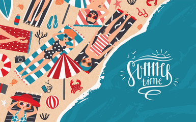 Summer time. Horizontal advertising banner of recreation, relax, travel theme. Trendy young people sunbathe on beach. Top view. Colorful vector illustration in cartoon style with lettering.