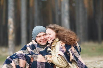 Fototapeta premium Love story of Beautiful happy couple on lake, spring forest.