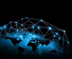 World map on a technological background, glowing lines symbols of the Internet, radio, television, mobile and satellite communications.