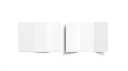 Blank white tri folded booklet mock up, opened and closed, front and back side, top view, 3d rendering. Plain trifold brochures mockups set isolated. Book cover and three flier inside, copy space.