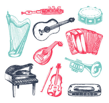 Musical Instruments - illustration of hand drawn vintage composition