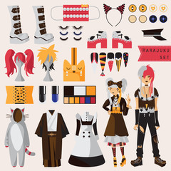 Bright set with subculture of japanese harajuku street fashion, couple in visual kei style with accessories for cosplay and creative fashion, Kimono, maid dress, nails, wigs, shoes on high platform - obrazy, fototapety, plakaty