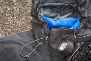 Close - up Outdoor mountain jacket and gear