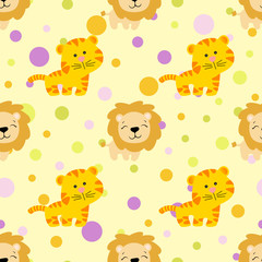 Drawing of a seamless pattern with cute african tiger and lion in cartoon style and multicolored circles on a yellow background