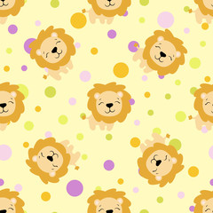 Obraz premium Drawing of a seamless pattern with cute african lion in cartoon style and multicolored circles on a yellow background