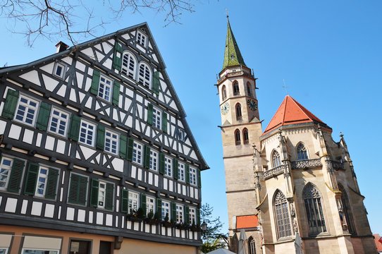 The town's old church in Schorndorf and half-timbered house. Baden-Wurttemberg, Germany.