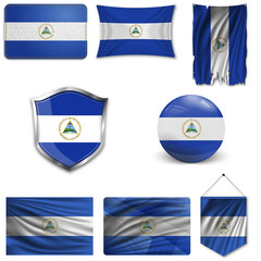 Set of the national flag of Nicaragua in different designs on a white background. Realistic vector illustration.