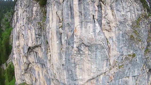 Tall  rock limestone wall covered with fir trees , alpine landscape in Zanoaga Gorge, Bucegi Natural Park , Romania, aerial drone shot alongside the steep precipices