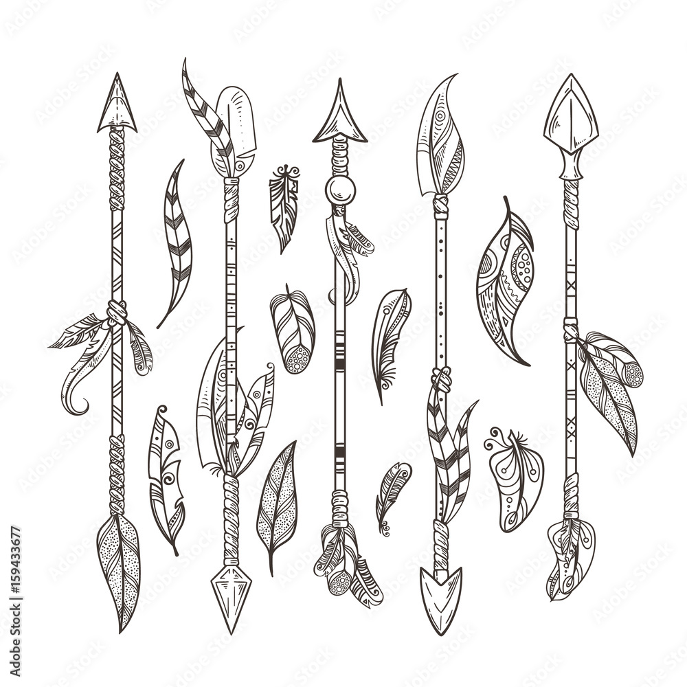 Poster decorative arrows and feathers set in boho style. native indian vector ornament