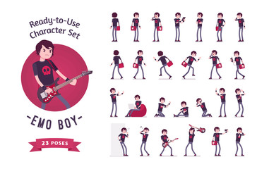 Ready-to-use emo boy character set, various poses and emotions - obrazy, fototapety, plakaty