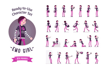 Ready-to-use emo girl character set, various poses and emotions - obrazy, fototapety, plakaty