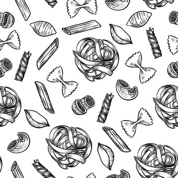  Italian pasta hand drawn sketch. Different kinds of pasta.  Vector seamless pattern.  Vintage style