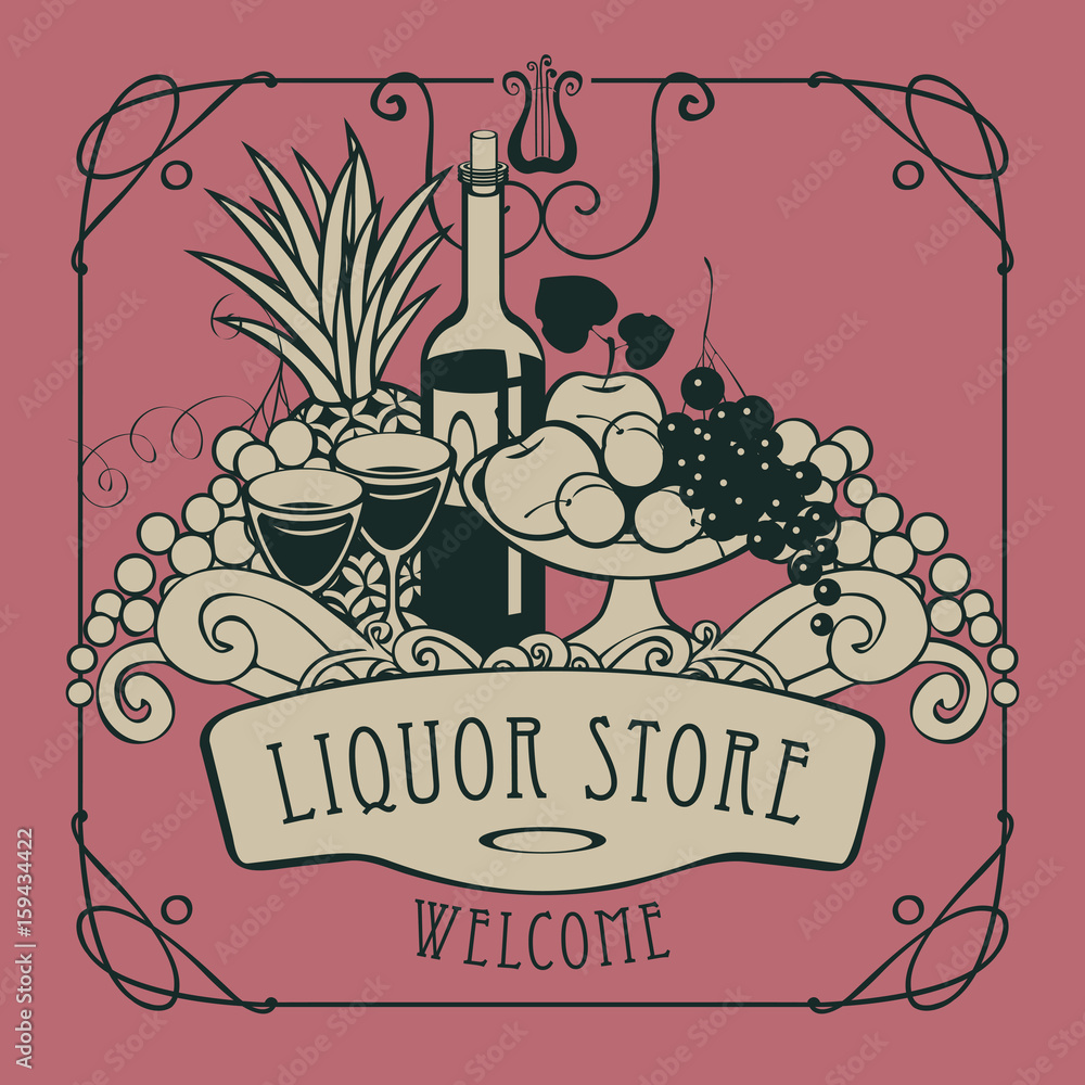 Poster vector banner for liquor store with a picture of a hand with a tray on which is a still life with tw
