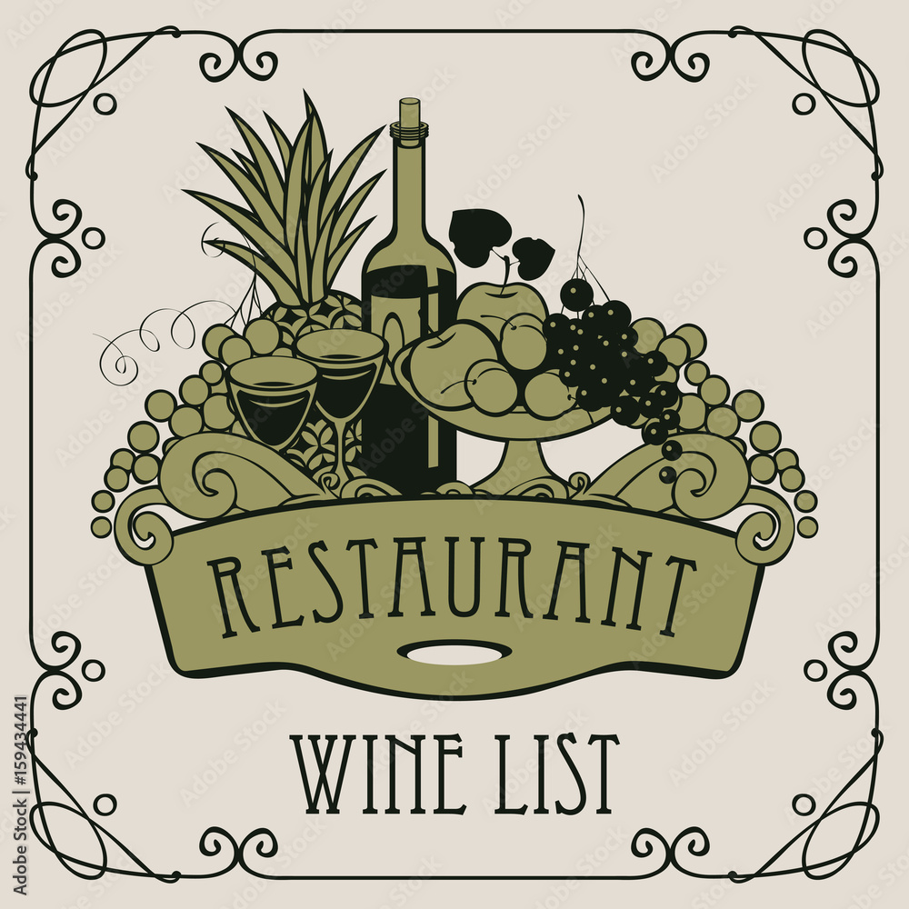Poster vector wine list for restaurant with a picture of a hand with a tray on which is a still life with t