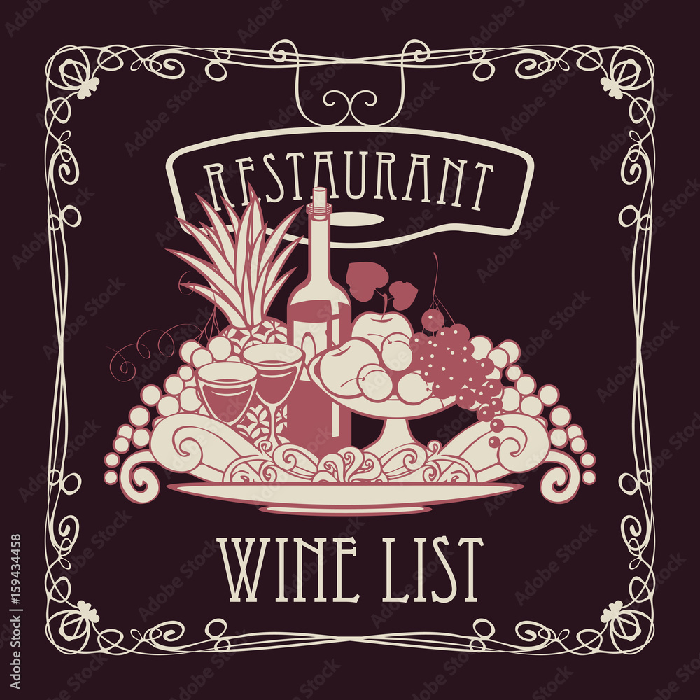 Poster vector wine list for restaurant with a picture of a hand with a tray on which is a still life with t