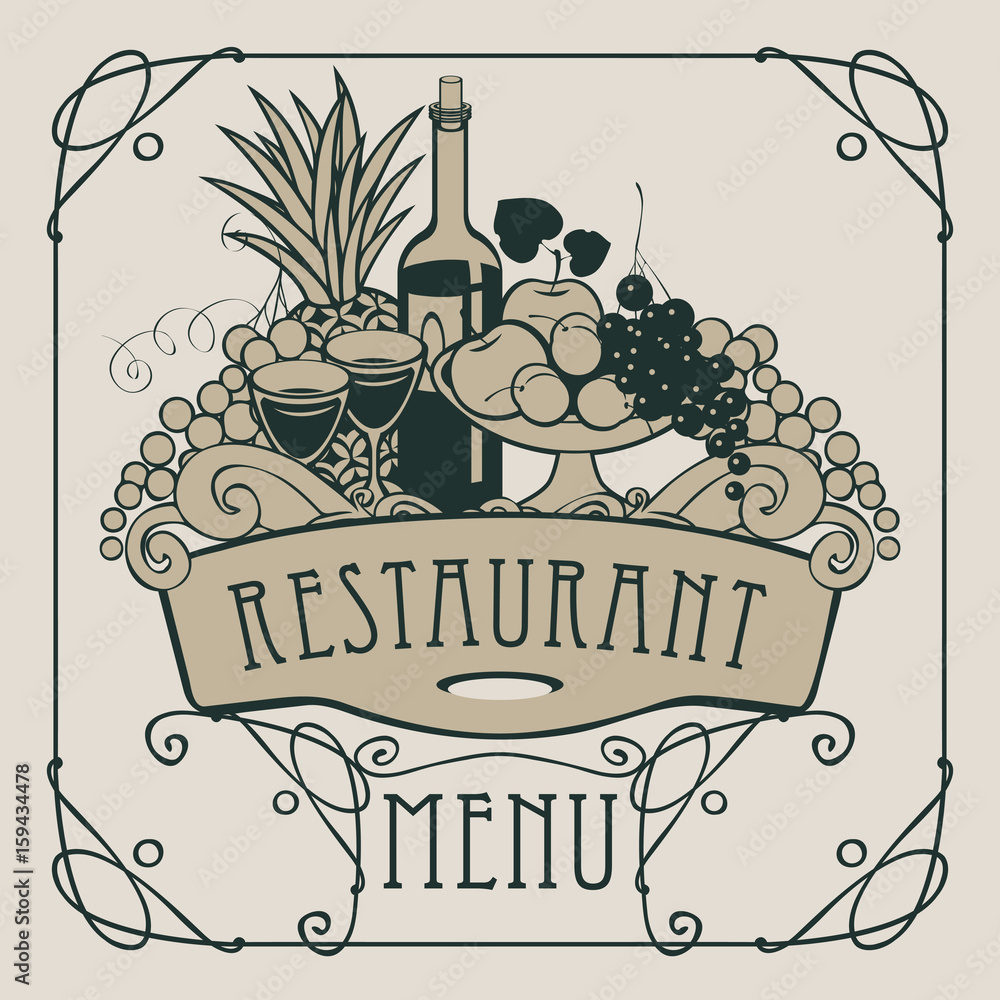 Poster vector restaurant menu with a picture of a hand with a tray on which is a still life with two glasse