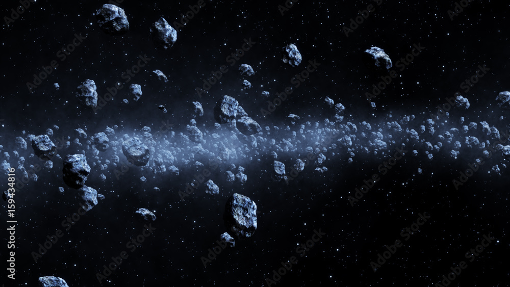 Poster closeup on meteor lumps in space. dark background. suitable for any fantasy, astronomy or space real