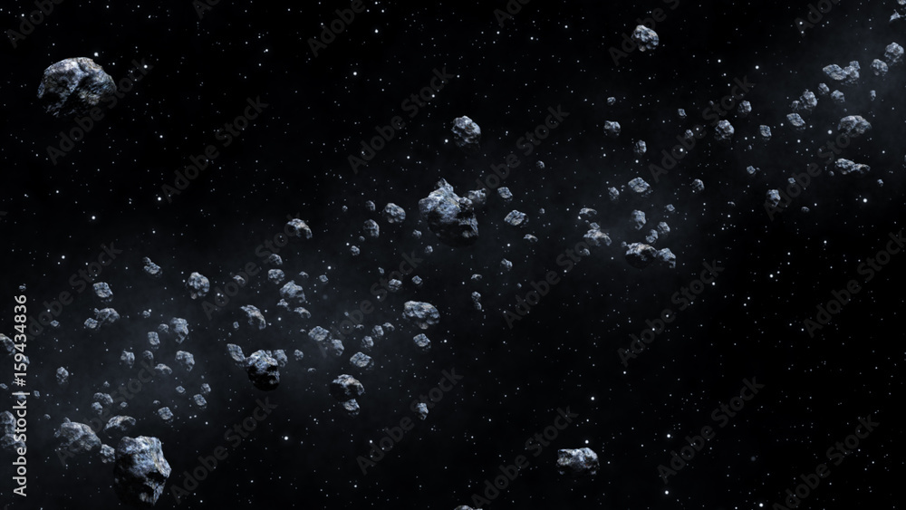 Poster closeup on meteor lumps in space. dark background. suitable for any fantasy, astronomy or space real