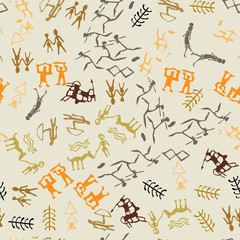 Seamless vector rock drawing. Cave painting with ethnic people.