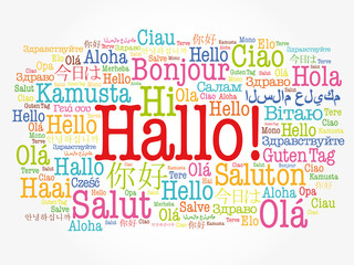 Hallo (Hello Greeting in German) word cloud in different languages of the world, background concept