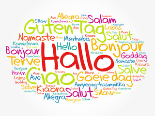 Hallo (Hello Greeting in German) word cloud in different languages of the world, background concept