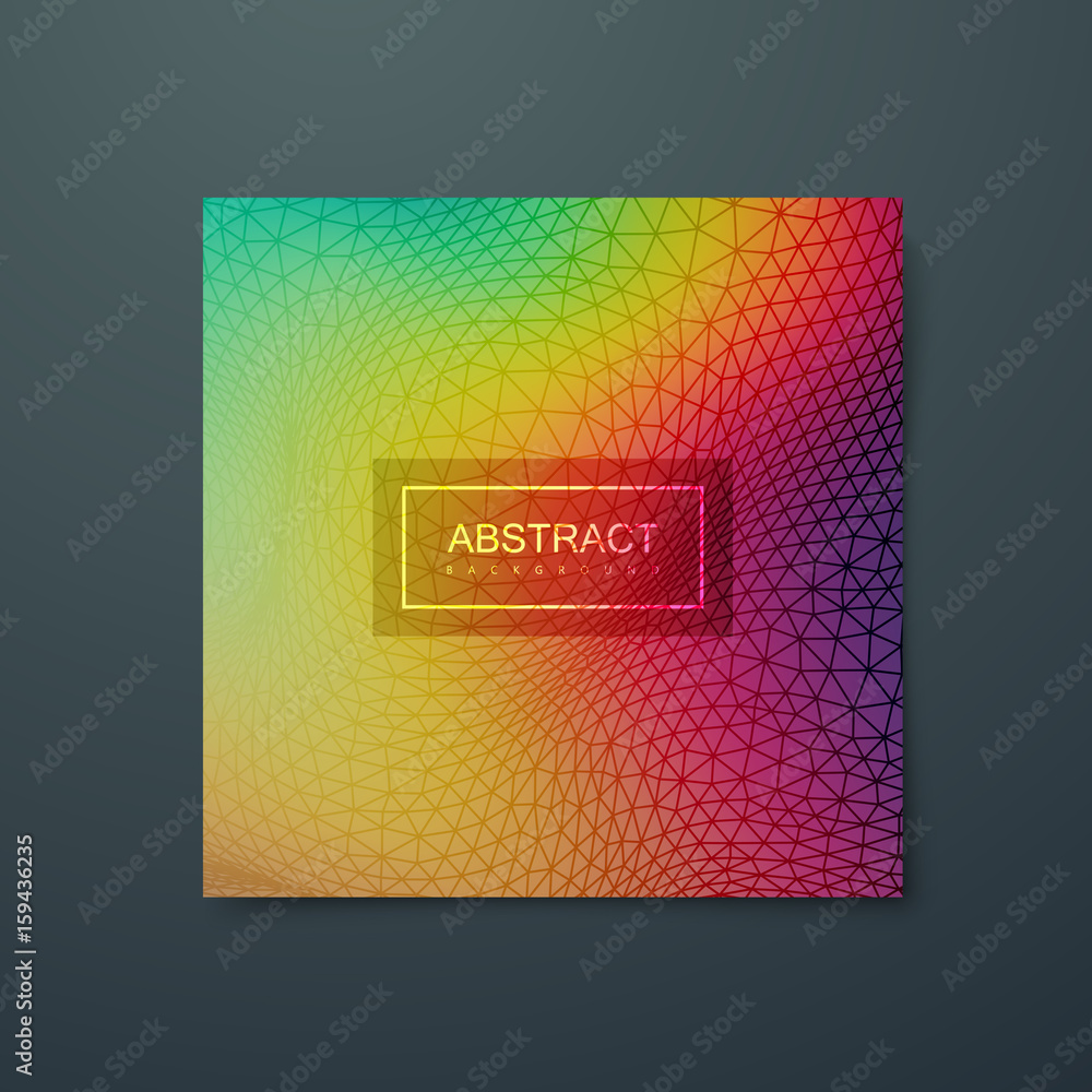 Poster fluid iridescent multicolored background with polygonal grid.