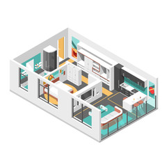 Interior isometric design with  living room, bedroom, bathroom and kitchen vector illustration 