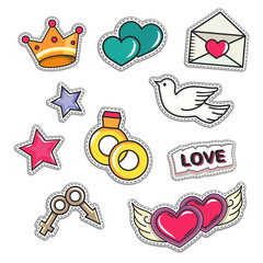 Love and wedding patch badges elements. Vector template illustration. Heart, ring, marriage union and other love items.