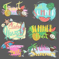 Vector hand-drawn lettering with illustrations of leaves of palm trees, surfing, cocktails, etc. Summer labels, logos, hand drawn tags and elements set for summer holiday