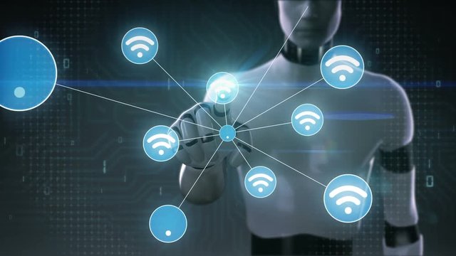Robot, cyborg touching screen, Wireless technology icon connect global world map. dots makes world map, internet of things.2.
