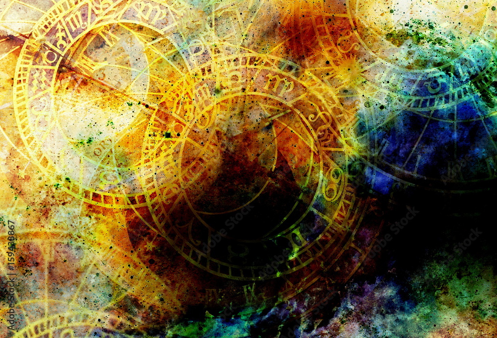 Poster old clock and zodiac collage. abstract color background.