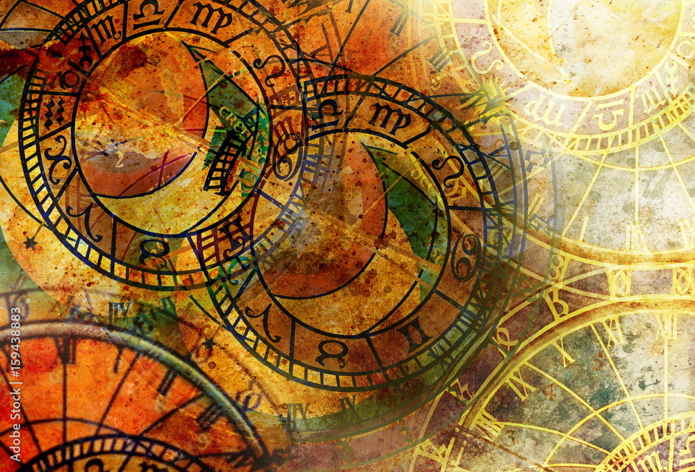 Poster old clock and zodiac collage. abstract color background.