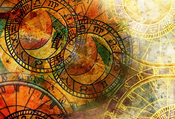 Fototapeta na wymiar Old clock and zodiac collage. Abstract color background.