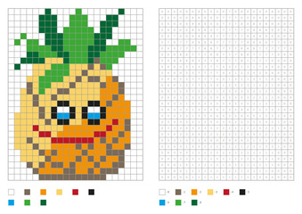 Kids coloring page, pixel coloring with funny pineapple. Vector illustration