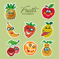 Colorful pixel patch badges with fruits. Vector illustration