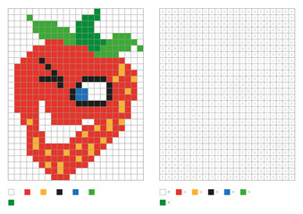 Kids coloring page, pixel coloring with funny strawberry. Vector illustration