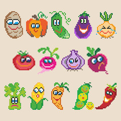 Set of different pixel cartoon vegetables. Vector illustration