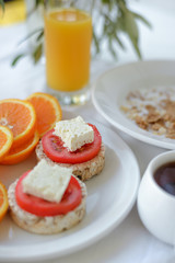 Morning breakfast with brochette and orange juice. Healthy food