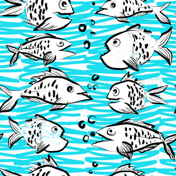 Ink hand drawn seamless pattern with funny fishes on abstract sea background
