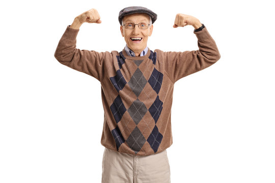 Cheerful Senior Flexing His Muscles