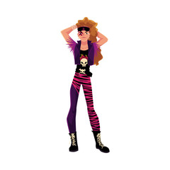 Young man dressed as glam rock star, wearing leggings, skull tshirt, vest and boots, cartoon vector illustration isolated on white background. Full length portrait of glam rock style young man