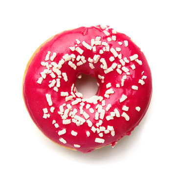 Close up of tasty, round donut isolated on white background